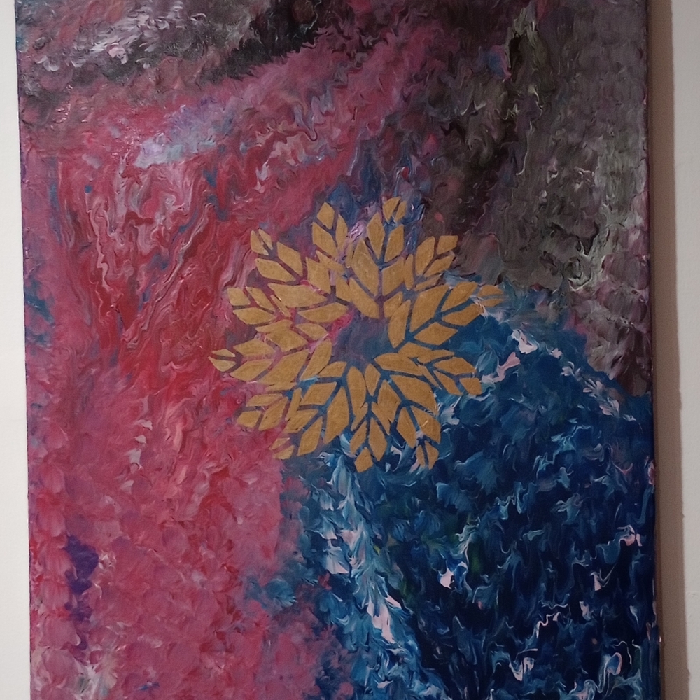 Embellished one of a kind acrylic paint pour artwork
